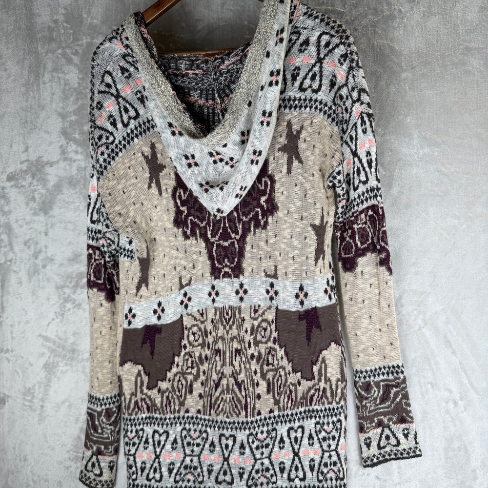 Indie Boho Free People Hooded Duster Cardigan Burgundy Knit Star Long Sweater S - Picture 4 of 8